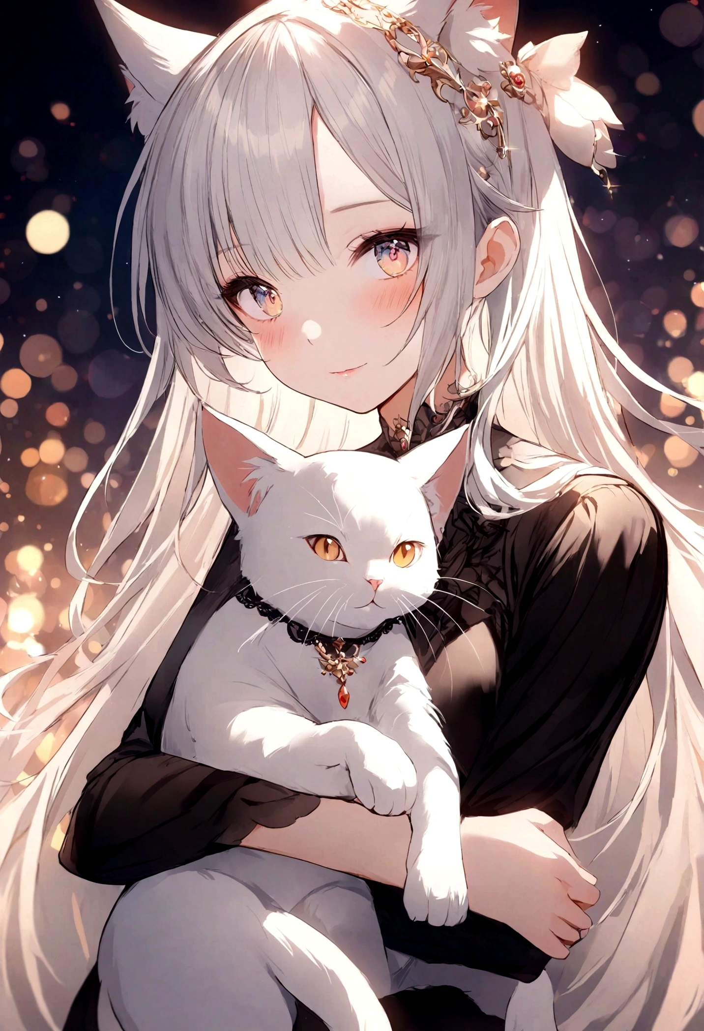 araffe woman holding a white cat in her arms, she is holding a cat in her arms, woman and cat, white ( cat ) girl, beautiful young catgirl, attractive cat girl, white cat girl, holding a cat, woman / cat hybrid, elegant cat, shutterstock, very beautiful cute catgirl, attractive woman, 8k artgerm bokeh