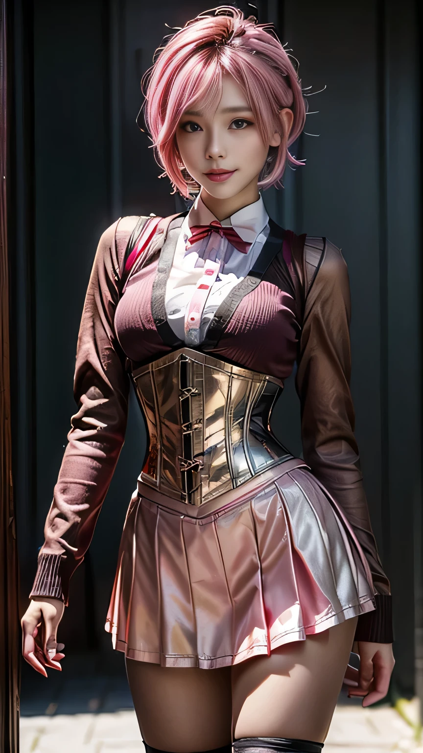 ((school uniform)), (Jumper skirt), ((corset)), (View your audience),  sexy, ((alone)), (1 female), ((Age 25)), ((highest quality)), ((masterpiece)), (Familiar),   Perfect Face, 8k , (Cowboy Shot),  short hair, (((Pink Hair 1.5))), Bobcut, black eye, Beautiful Princess, smile, Thin thighs, Mid-chest, Perfect limbs, ((Metallic Costume)),  sexy, Are standing,