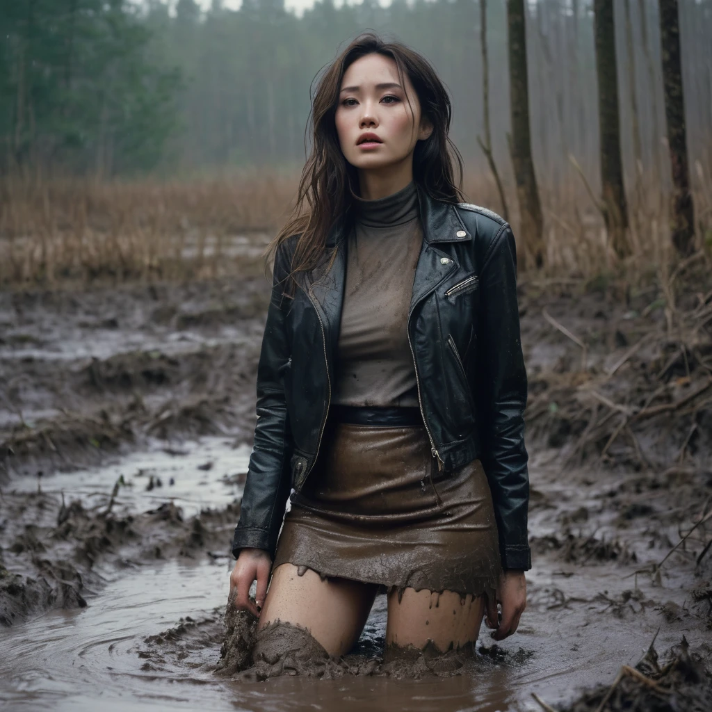 8k, ultra-detailed, documentary drama photo, grainy film photo, side view, close-up, masterpiece,muted colors, muffled light, dusk, rainy, moody, woman drowning in forest mud bog, shame expression, muddy stockings, messy pencil skirt, light turtleneck, messy faded leather jacket, beautiful long brunette hair, depraved outfit,asian:0.5fetishistic makeup,