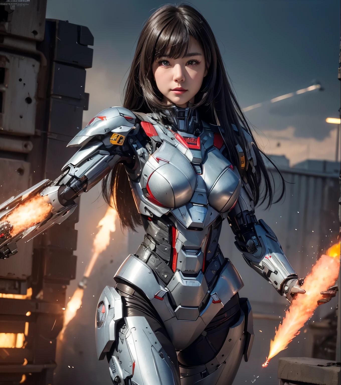  Super detailed, advanced details, high quality,  High resolution, 1080p, hard disk, beautiful,(war machine),Armor War,(Rocket Missile)Capture the big picture,beautiful,Mecha cyborg girl,battle mode,Mecha body girl,She is wearing a futuristic war machine weapon mecha