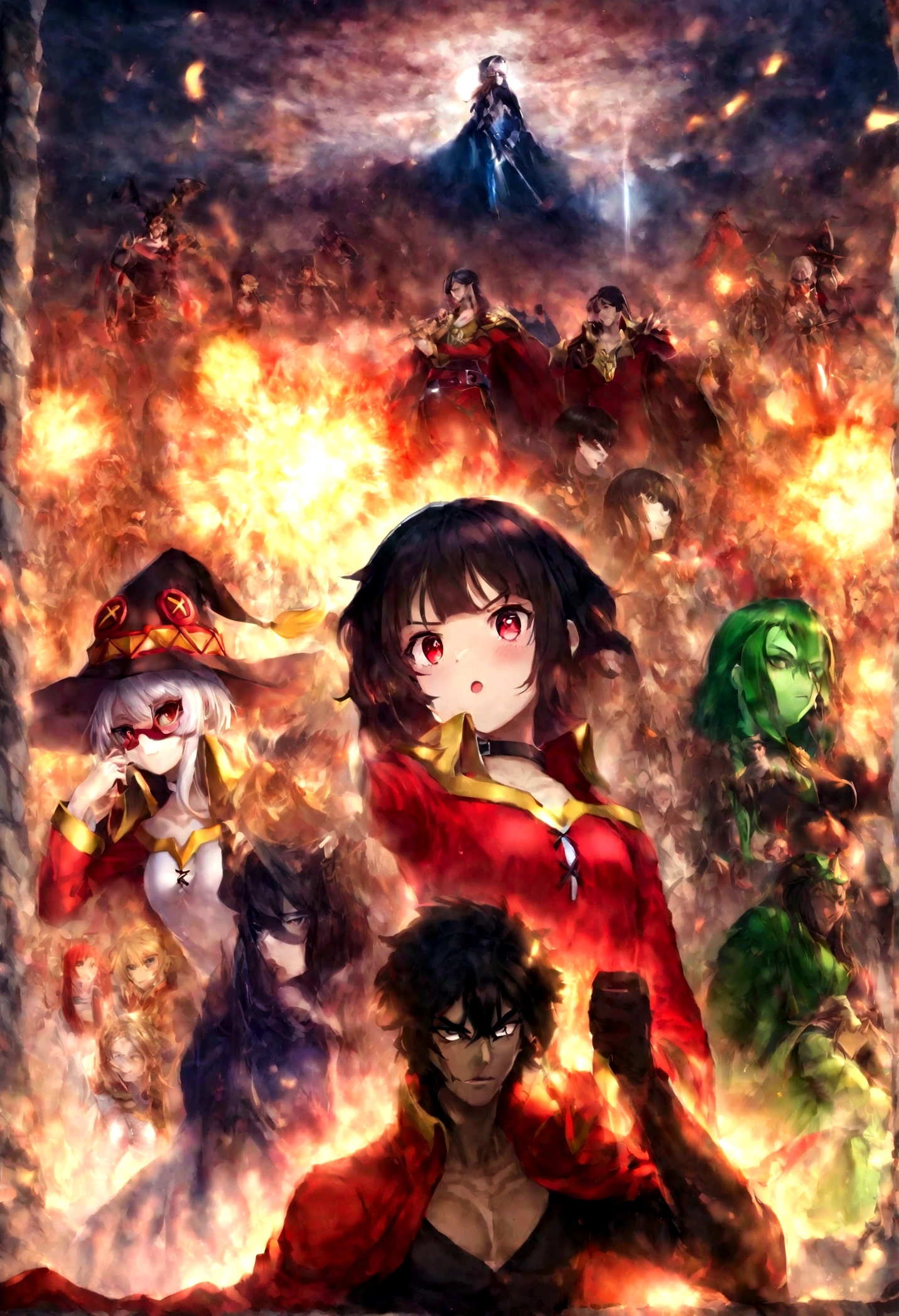 melhor qualidade, extremamente detalhado, mesa, melhor qualidade, Megumin, 1 garota em, Ombros nus, Capa preta, luvas pretas, cabelo preto, Cape, Gargantilha, clavicle, vestir, cabelo entre os olhos, tem, mangas compridas, olhando para o espectador, cabelo medio, vestido ombro a ombro, fora dos ombros, vestido vermelho, olhos vermelhos, fechaduras laterais, Sozinho, witch hat explosions behind shine and fire