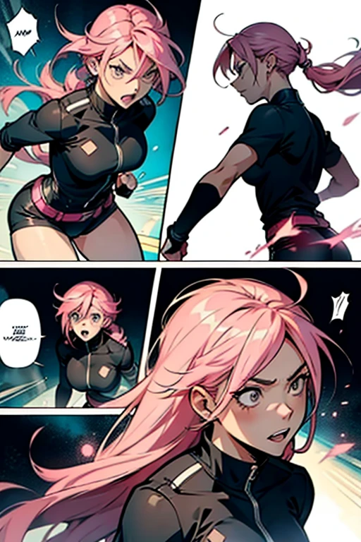 Insane girl with pink hair losing her mind while fighting, manga page with panels and dialogue 