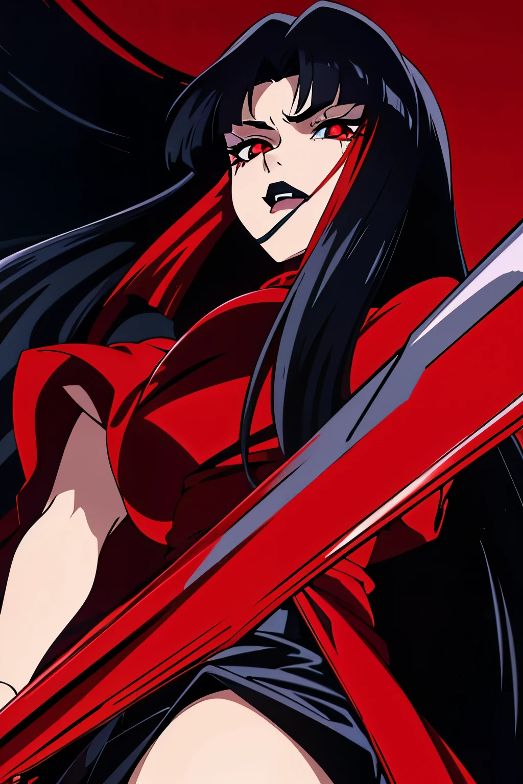 90's anime aesthetic style ,black long hair , bad character concept, blood , black gothic aura , beatiful face , Black lipstick , long eyelashes , red shiny background , character holding bloody dagger
