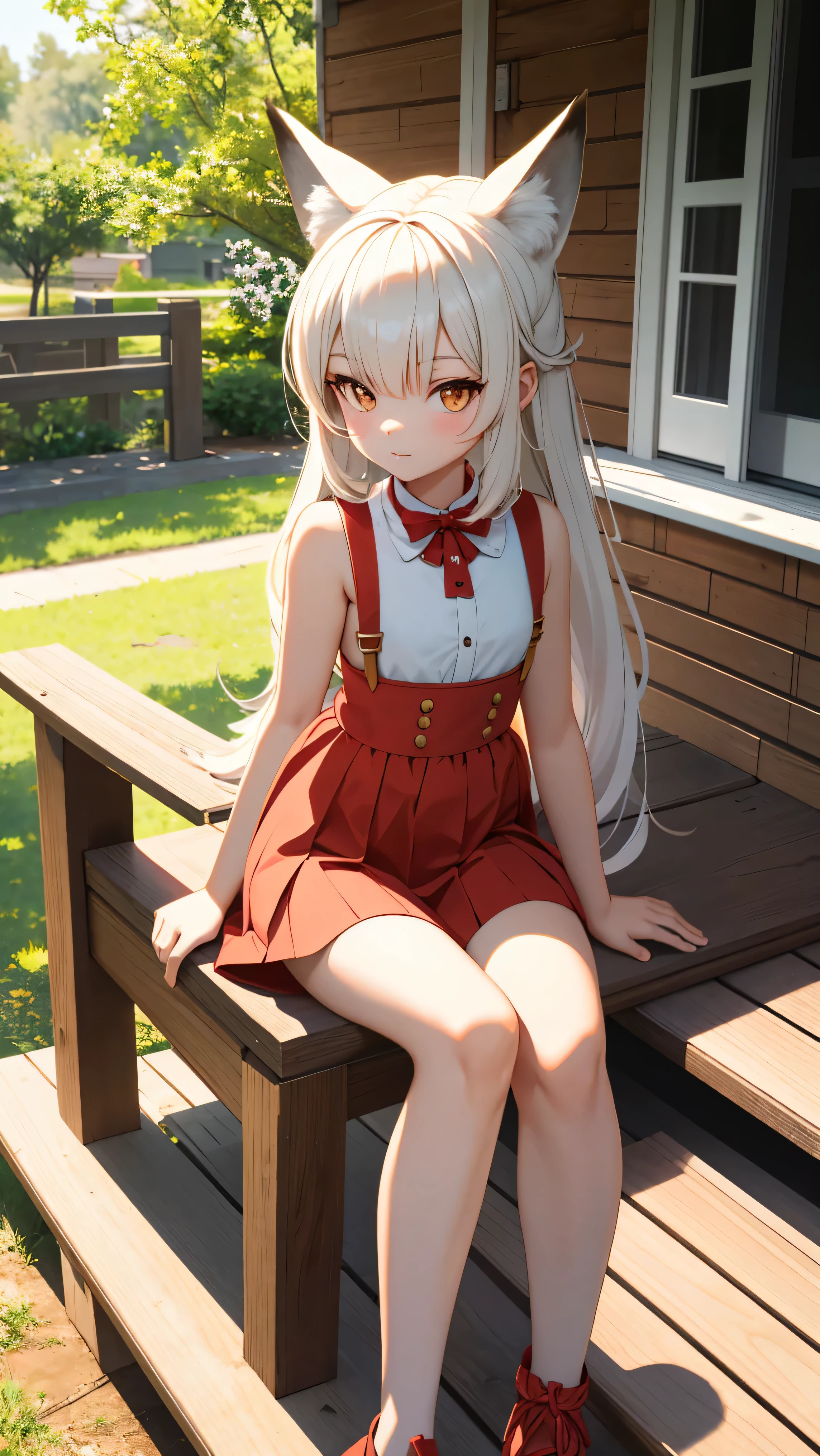 1 fox girl, Sitting on the porch, close to the viewer, Super Detail, NSFW