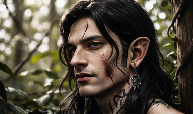 "((highly detailed, detailed eyes, detailed face, clear and realistic facial features, photorealistic, realistic light; cinematic)), (close up) mysterious male Tuatha de Danann, ethereal-looking, wearing fine elven clothing for the hunt, black hair, intense eyes, hunting you, heavy black tattoos, heavily tattooed, naked, blood, vicious, bloody, brutal, scary, dangerous, masculine, elven ears, seductive, smirking, looking at camera"