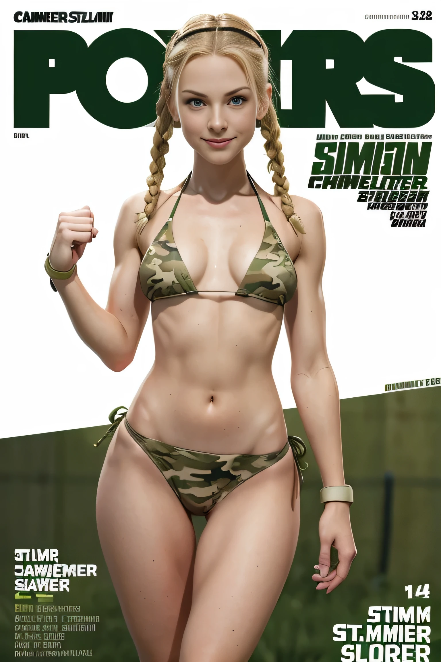 sports magazine cover, young woman, (Cammy from Street Fighter), pale skin:1.2, freckles, (slim:1.6), 18yo, ((combat camouflage bikini)), medium breasts:1.4, perfect body, green eyes, smile, blonde hair, braids, full body, thigh gap:1.4, cameltoe:1.6