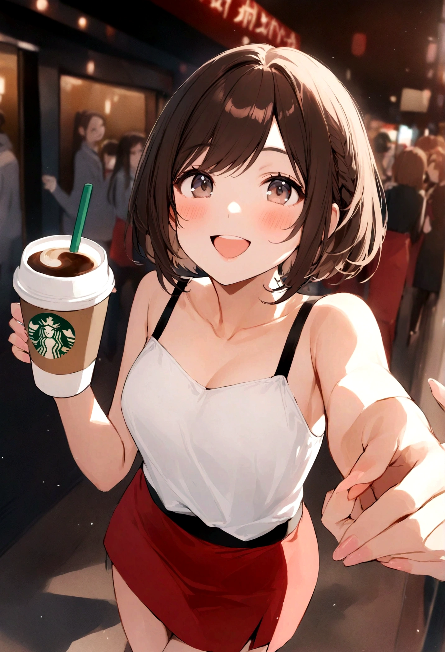 highest quality、8K、Beautiful eyes、Beautiful nose、Idol Face、cute、20th Generation、One Japanese woman、Brown Hair、Short Bob、Slender body、looking at the camera、smile、
White tank top、Red mini skirt、Black sandals、In front of the cinema、Have a cup of coffee from Starbucks
