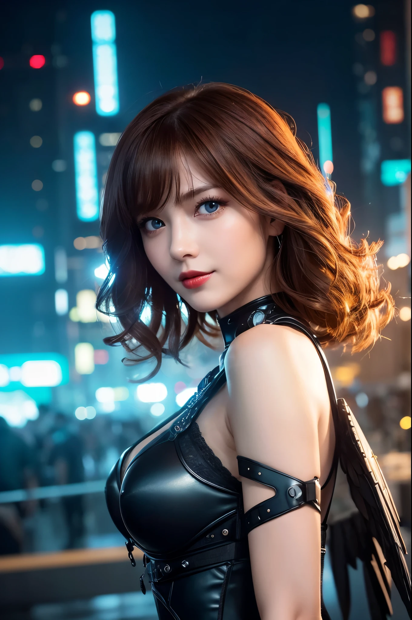 8K,月Flying in the night白い翼の天使達,Super Beauty(Like the real thing),天使の白いLong dress,Beautiful smile,Highly detailed illustration, Ultra-high resolution, masterpiece, highest quality, Perfect glowing skin, Perfect lighting, Detailed lighting, Dramatic Shadows, Ray Tracing, Looking at the audience, Small breasts, Beautifully detailed hazel eyes, Sharp Face, Clear Eyes, Red lips, Long bangs, Short Curly Hair, Red hair, ((Cyberpunk Dark City)), Upper Body, Combat Uniform, Military Harness,masterpiece,highest qualityのフォトリアリスティックなRAW写真。Bright colors,Rich colors, Backlight, Cinema Lighting, Film Grain, to be born, 50mm lens, Nikon D850,Detailed character art,Fantasy art,Ultra-high resolution,Ultra-Realistic Skin,Perfect hand shape,Big white wings,Blonde,Blue Eyes,Long dress,Flying in the night,Flying in the night sky,