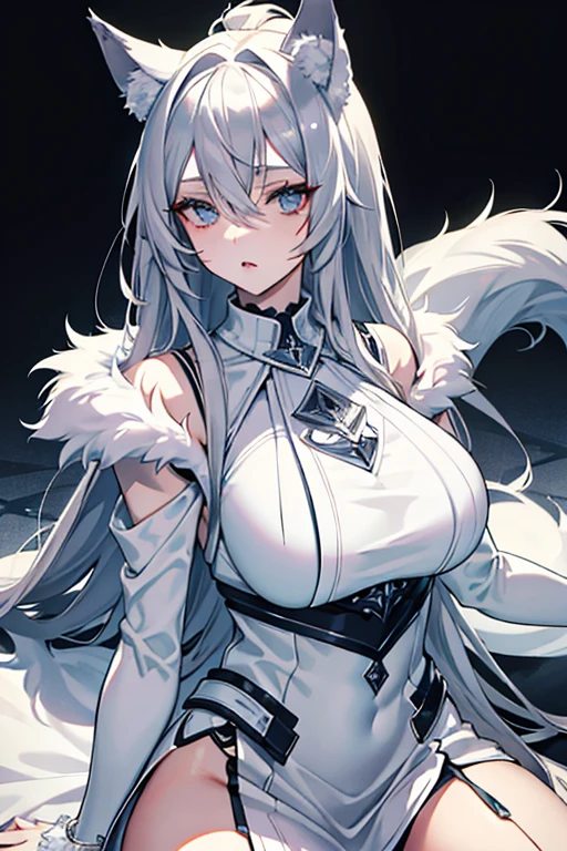 best qualtiy，tmasterpiece，The is very detailed，4K，Gray hair and shallow eyes，Drag cool expressions，Wolf ears，Erect scar on the left eye，British style，1girl，Absolutely beautiful, big bust, white costume