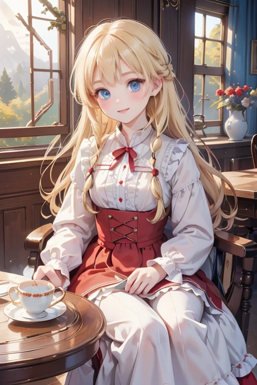 (8k, highest quality, Tabletop:1.2)、Ultra-high resolution, Detailed face, One -yeld gi smile、blue eyes, blonde, Braiding, Long Hair, Red ribbon on head, Red dress, blue sky, in the forest, wood, table cloth, Set of cake and tea on the table, Sit on a chair、Victorian dress