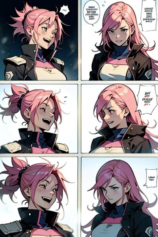 Insane girl with pink hair smiling and laughing crazy, manga page with panels and dialogue 