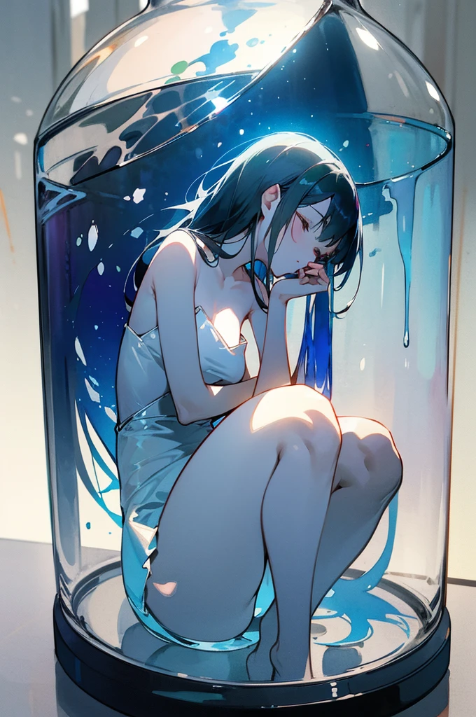 瓶詰めの少female、Being in a jar、Glass、sit、1 person、female、adult、Large、whole body、chest、Thighs、Rich body、Bare Skin、sex appeal、Transparency、beautiful、ephemeral、Half-asleep、Dim light、Blur、Watercolor tones、mystery、vivid、Low Contrast