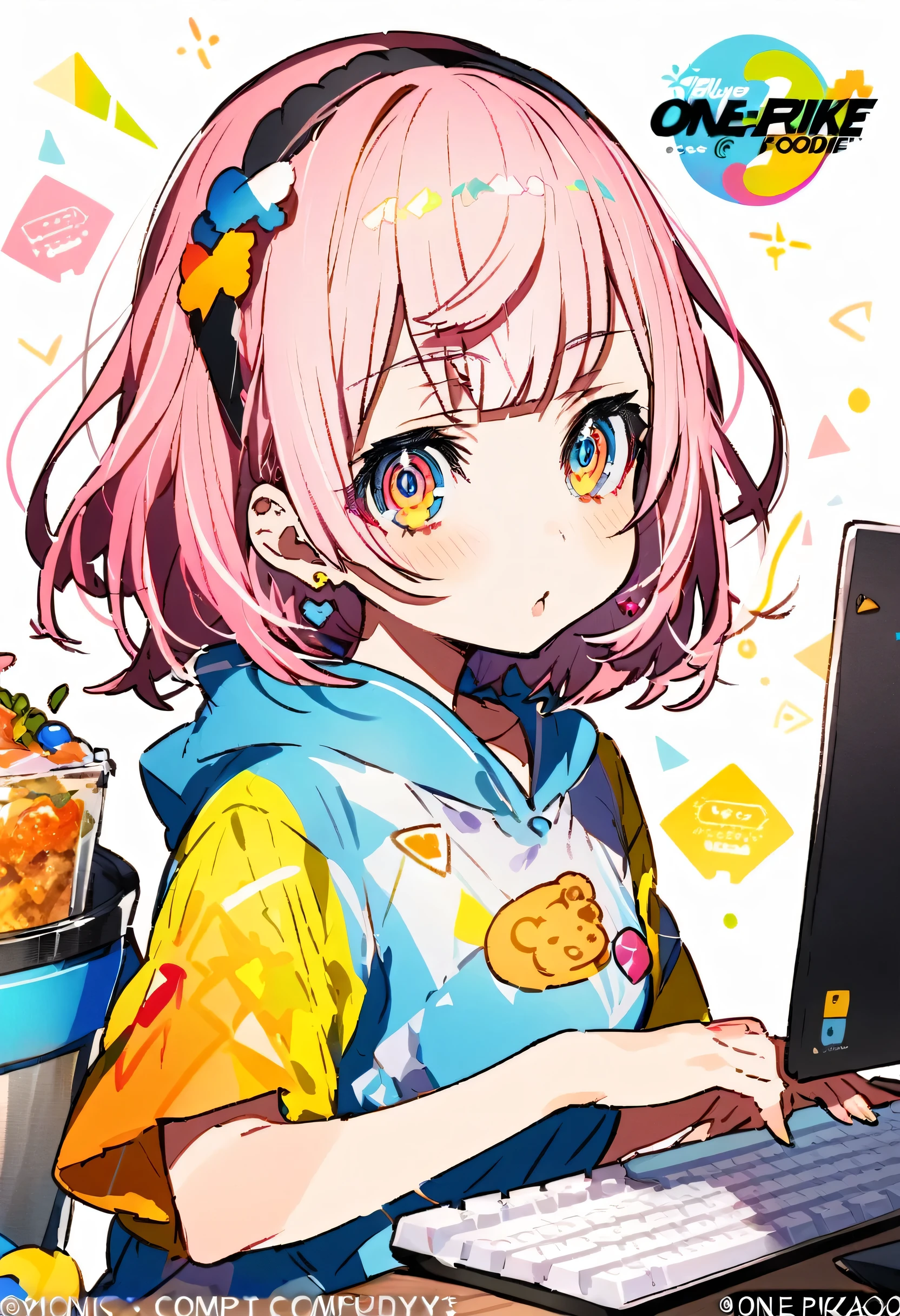Mika Pikazo, One girl, blue eyes, blue Foodie, computer, Earrings, Food, Foodie, jewelry, keyboard (computer), logo, logo parody, mouse (computer), Variegated eyes, Pink Hair, trash can, alone, White Background, Yellow Eyes, ,