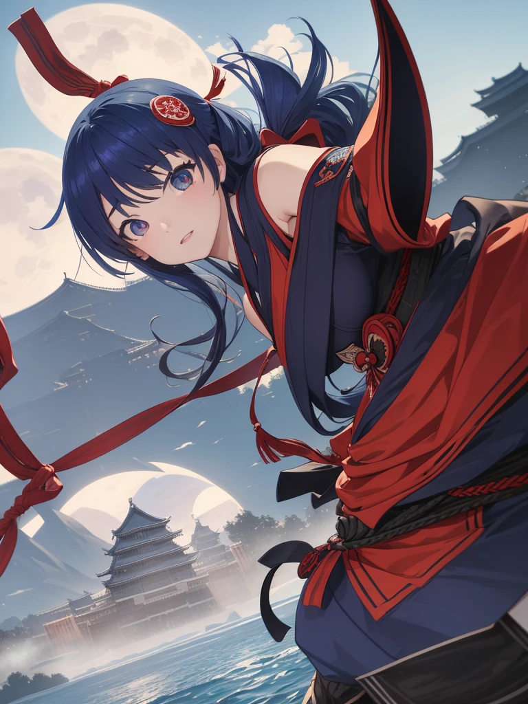 Masterpiece、highest quality、Edo Castle in the distance、Big full moon、One girl、Female Ninja、Blue Hair、Hair tied up、Red Ninja Costume、Throwing shurikens、Big Eyes、Flying in the sky