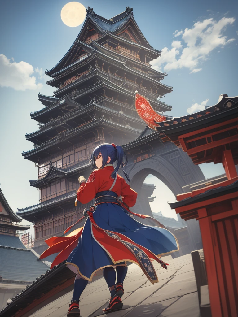 Masterpiece、highest quality、Edo Castle in the distance、Big full moon、One girl、Female Ninja、Blue Hair、Hair tied up、Red Ninja Costume、Throwing shurikens、Big Eyes、Flying in the sky