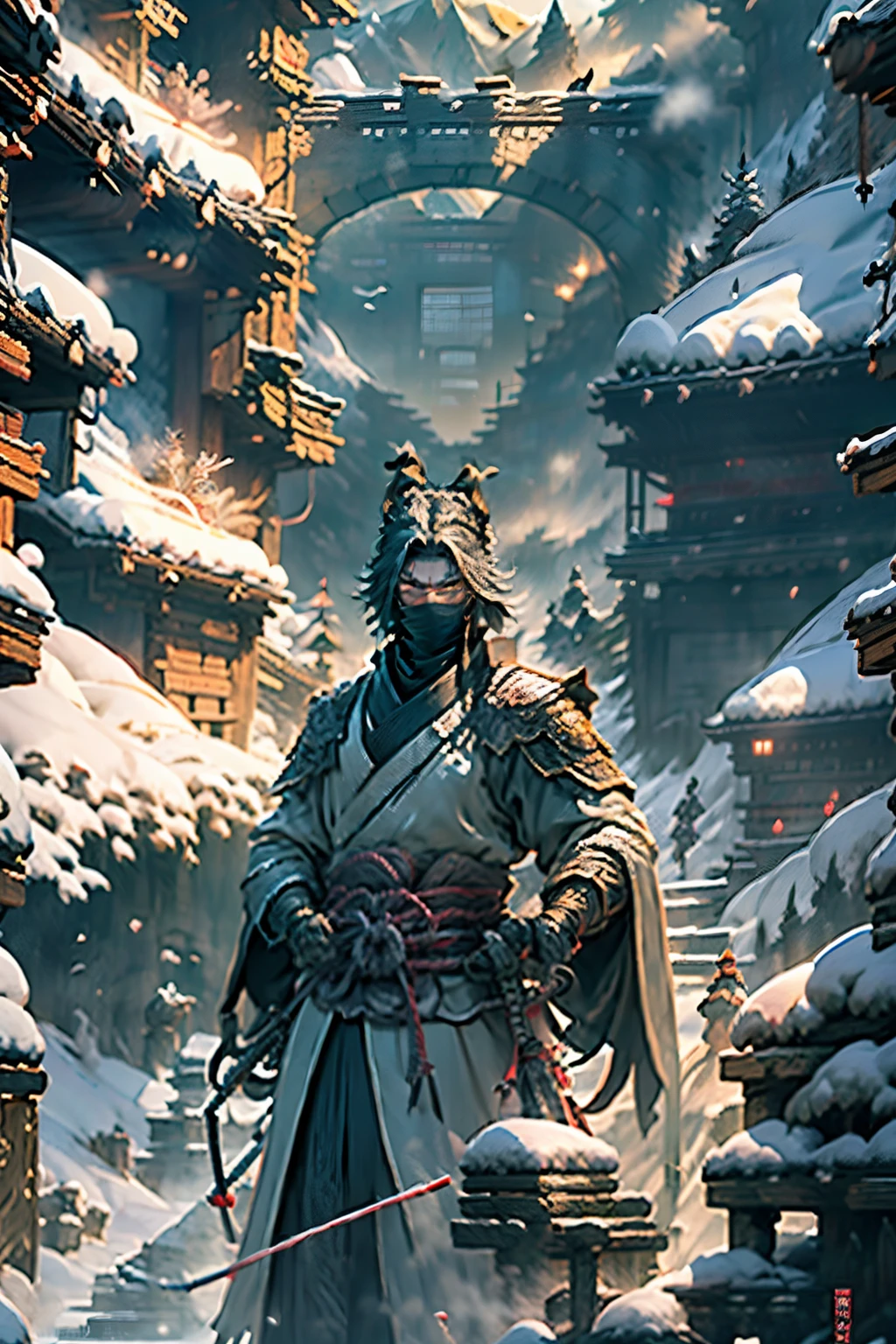 In a secluded valley overlooked by towering, snow-capped peaks, an age-old feud between the Yagura ninja and Minamoto samurai clans erupted in a frenzied, moonlit struggle for the fabled Jade Celestial Orb. Legend spoke of its unrivaled power, bestowing eternal life upon the owner.
Secretly, the Yagura ninja, masters of the shadows, sent their deadliest assassins to bypass the Minamoto fortress walls, cloaked in the darkness of the night. Across the valley, the samurai warriors, renowned for their honor and swordsmanship, marshaled their