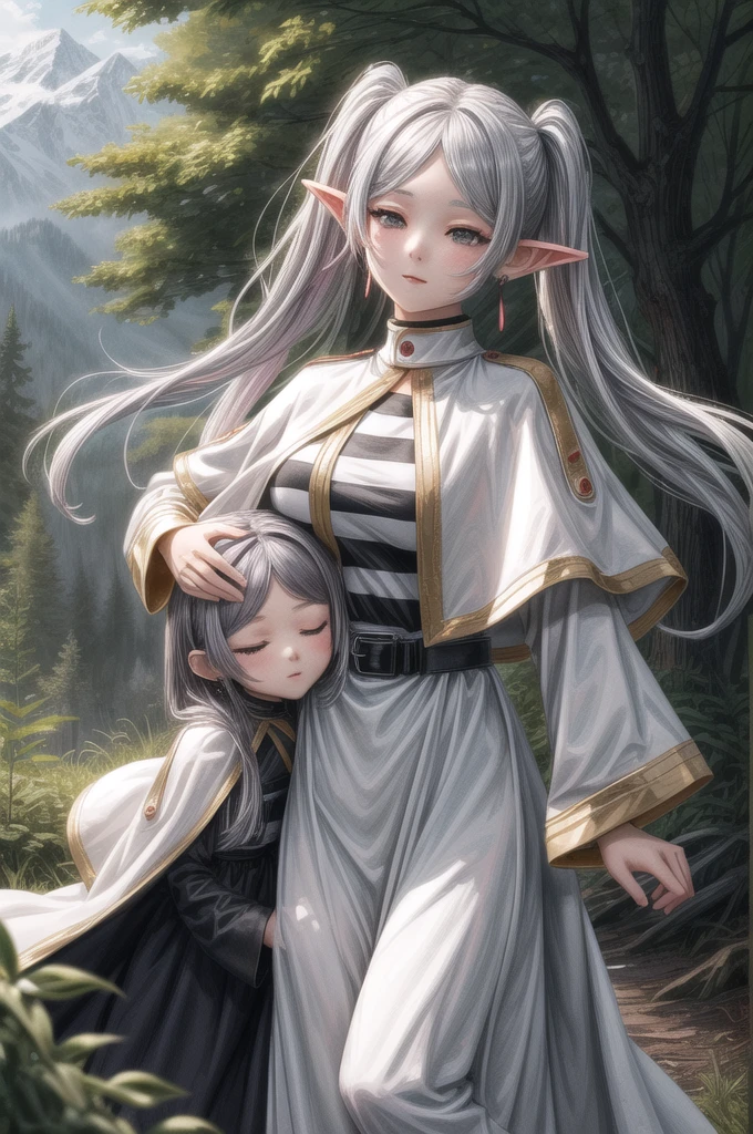 masterpiece, highest quality, High resolution,
(A girl is carrying another girl), 
Outdoor, nature, The Alps, forest, Mud road, Desolate, 
Long Hair, Gray Hair, (Parted bangs:1.2), Twin tails, close your eyes, Sleep, Pointed Ears, Earrings, Thick eyebrows, White capelet, Striped shirt, Long sleeve, belt, White Skirt, Black Pantyhose, Brown boots,
thank you,
Long Hair, Purple Hair, (Side Lock:1.4), Blunt bangs, Purple eyes, Big Breasts, Long dress, White Dress, (Black Robe:1.4), White sleeves, Mouth closed, 
Arfern,
take,