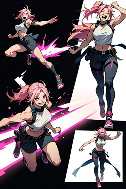 Anime girl with pink hair falling on her face while running, full body shots, manga page with panels and dialogue 