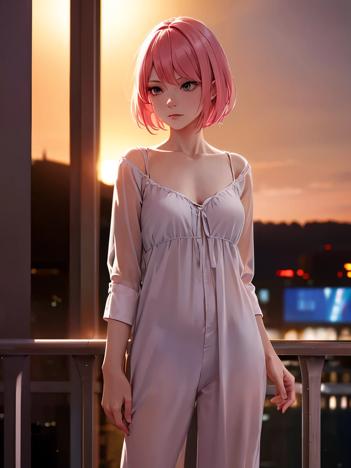 1 woman,Pink hair,short hair,Hands on the balcony,Standing on the balcony, looking away,night, sad expression, nightwear, gray eyes, ultra detail,half body photo