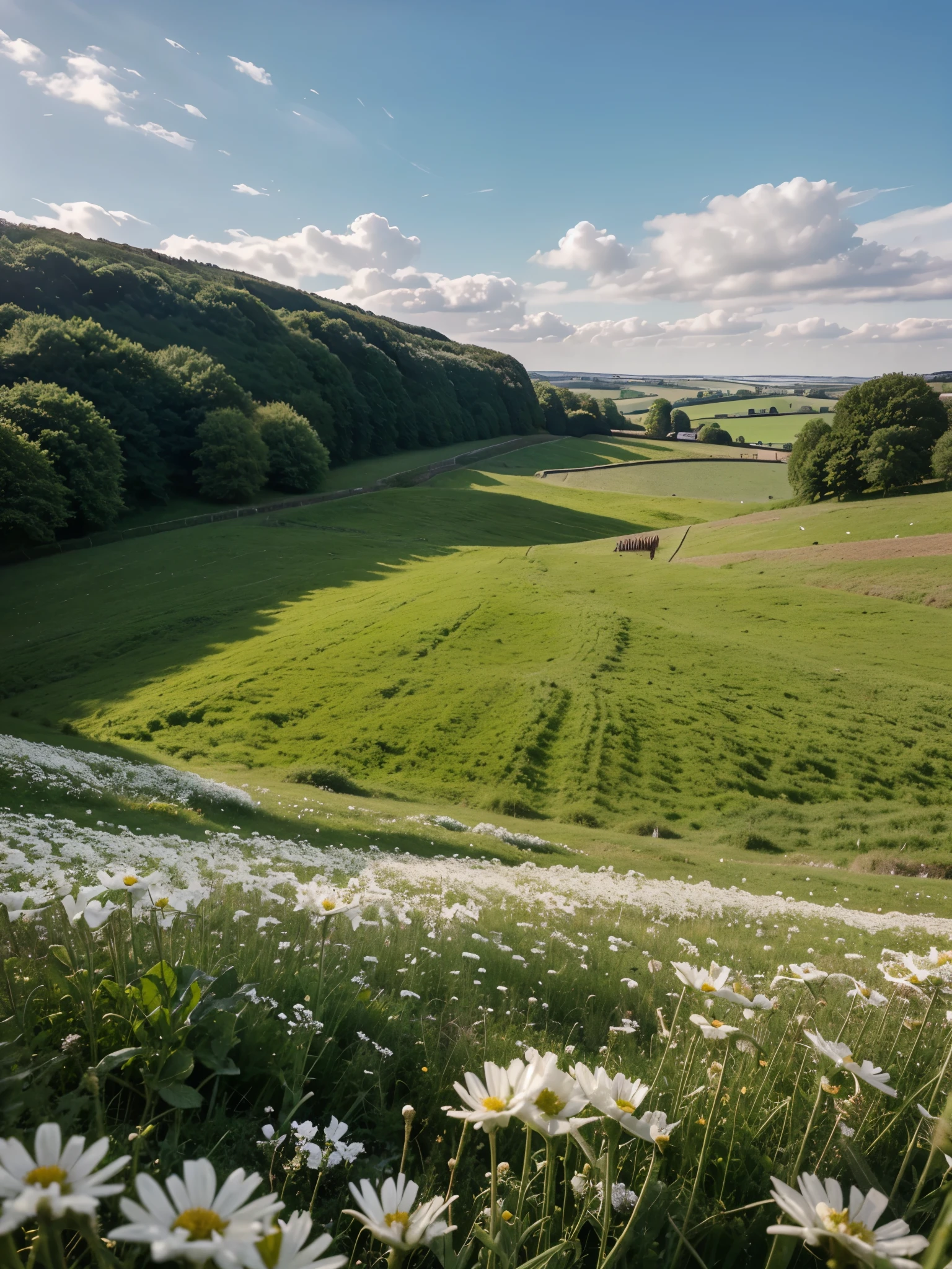 a close up of a field of white flowers , beautiful english countryside, sunny meadow, the most beautiful landscape, beatiful backgrounds, lush countryside, flowerfield, lush field, peaceful landscape, serene field setting, stunning nature in background, meadow in the background, meadow background, field of flowers, english countryside ; very high quality; highly detailed ; ultra hd ; hyper realistic ; 8k quality ;