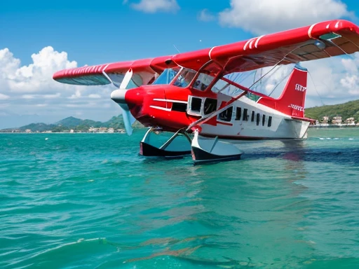 Red propeller seaplane、Pier at the inlet、blue sea、Blue sky w、