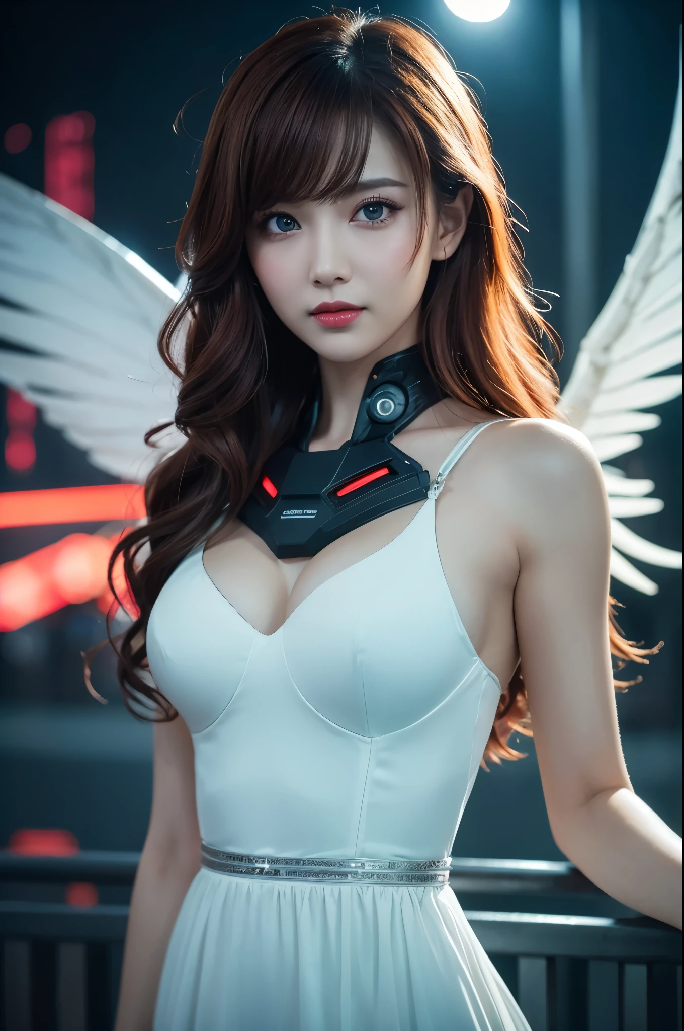 8K,月Flying in the night白い翼の天使達,Super Beauty(Like the real thing),天使の白いLong dress,Beautiful smile,Highly detailed illustration, Ultra-high resolution, masterpiece, highest quality, Perfect glowing skin, Perfect lighting, Detailed lighting, Dramatic Shadows, Ray Tracing,  Looking at the audience, Small breasts, Beautifully detailed hazel eyes, Sharp Face, Clear Eyes, Red lips, Long bangs, Short Curly Hair, Red hair, ((Cyberpunk Dark City)), Upper Body,Red combat uniform, Military Harness,masterpiece,highest qualityのフォトリアリスティックなRAW写真。Bright colors,Rich colors, Backlight, Cinema Lighting, Film Grain, to be born, 50mm lens, Nikon D850,Detailed character art,Fantasy art,Ultra-high resolution,Ultra-Realistic Skin,Perfect hand shape,Big white wings,Blonde,Blue Eyes,Long dress,Flying in the night,Flying in the night sky,