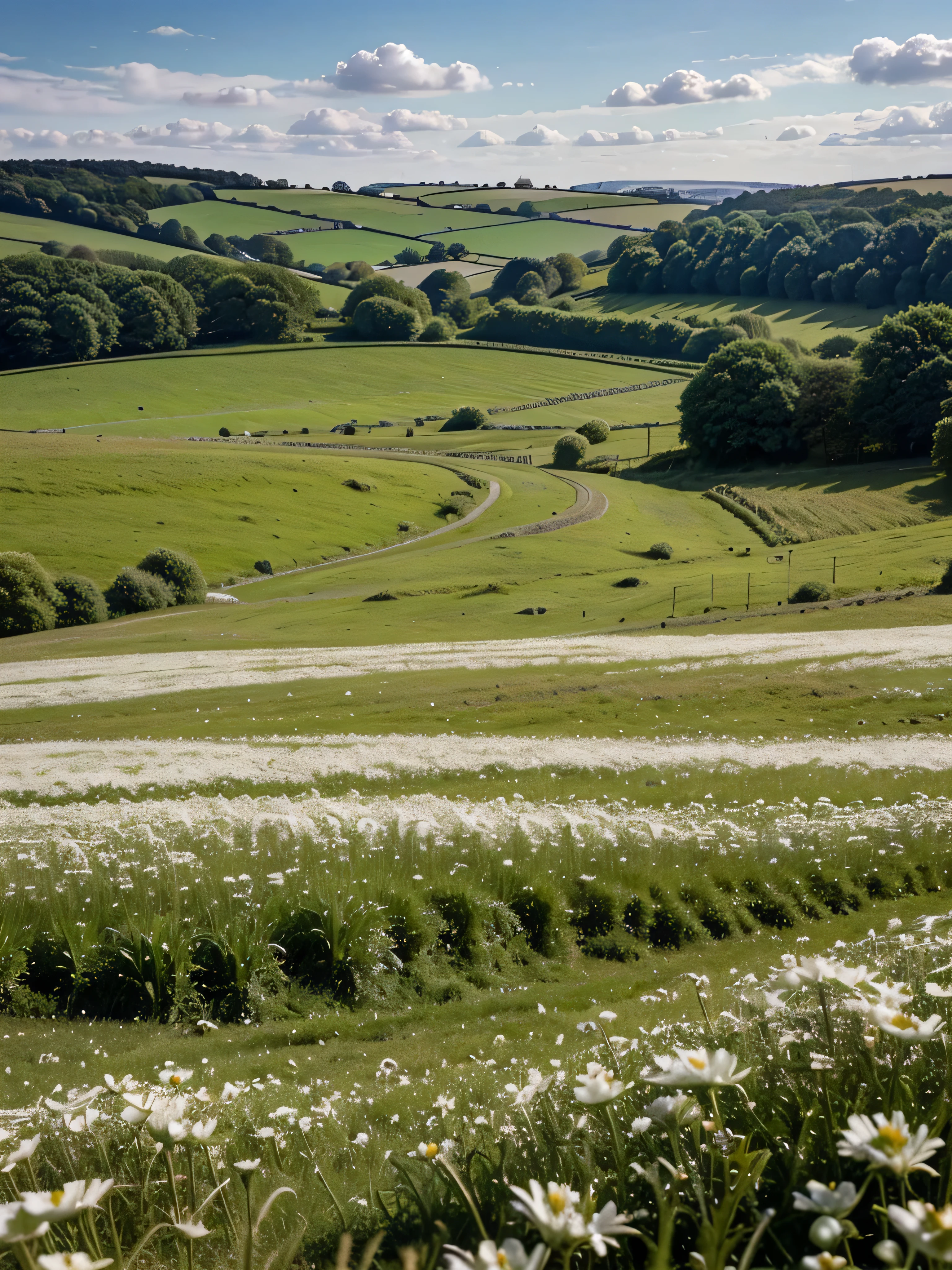 a close up of a field of white flowers , beautiful english countryside, sunny meadow, the most beautiful landscape, beatiful backgrounds, lush countryside, flowerfield, lush field, peaceful landscape, serene field setting, stunning nature in background, meadow in the background, meadow background, field of flowers, english countryside ; very high quality; highly detailed ; ultra hd ; hyper realistic ; 8k quality ;
