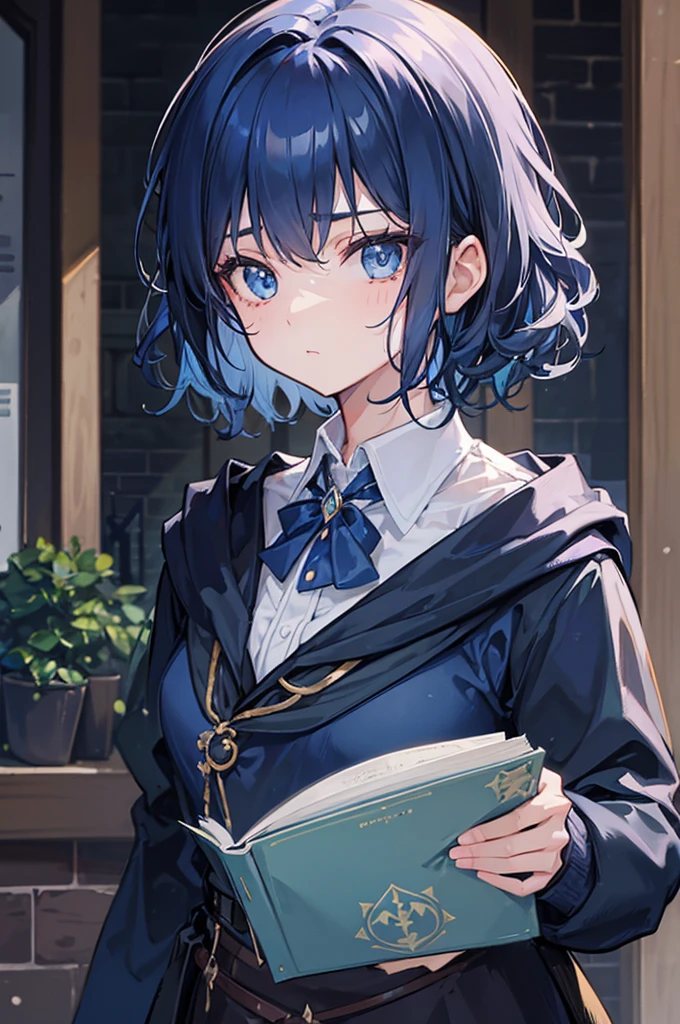 Apprentice Wizard Girl,A girl attending Hogwarts School of Witchcraft and Wizardry,BREAK,(tween,beautiful detailed face,(darkblue hair-color,wavy-short hair),parallel eyebrows,small breasts),
depth of field,portrait,The Wizarding World of Harry Potter,