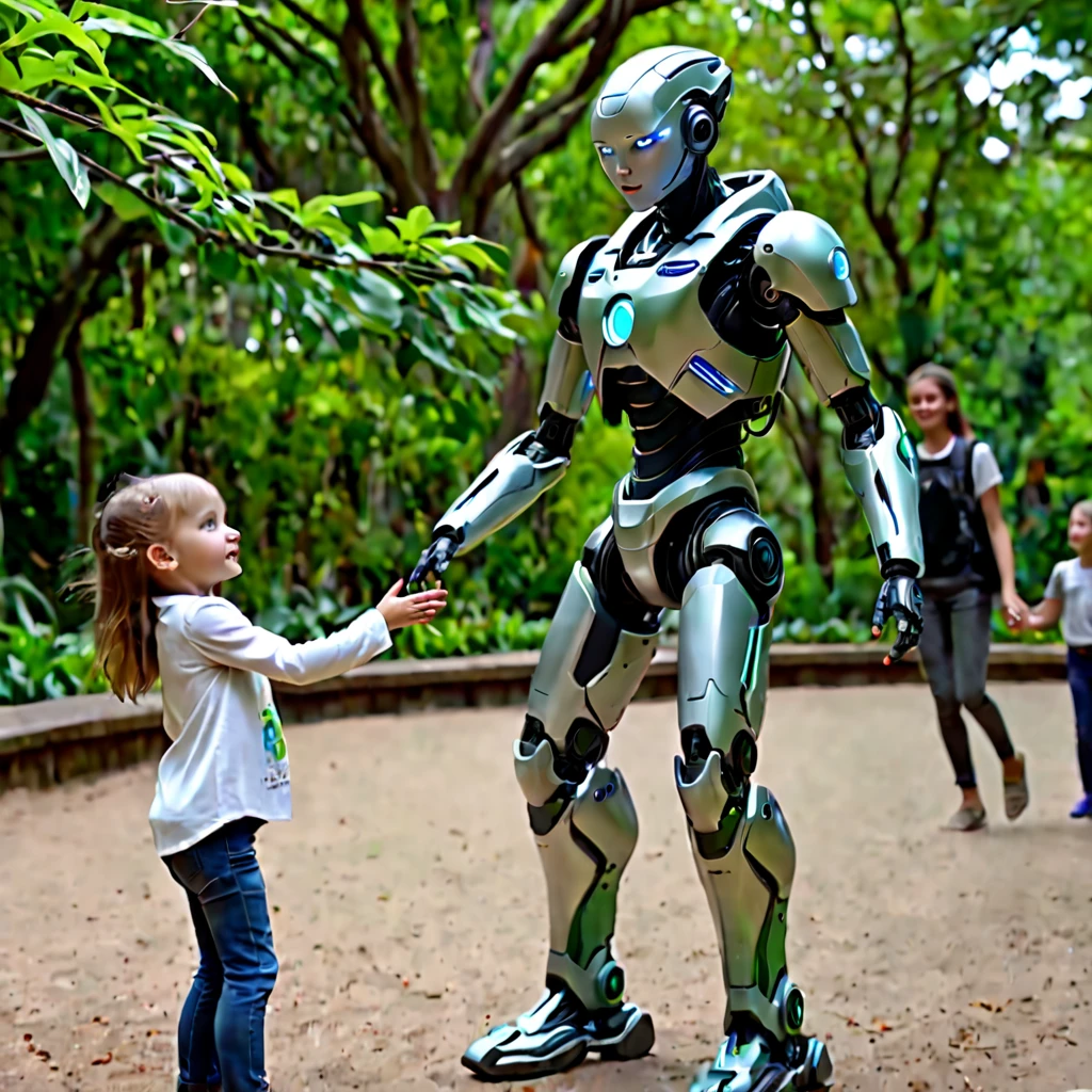 a sitter cybernetic humanoid walk in botanical park playing with a kid, swaying, hand in handexcite expression, UHD, ultra detailed, epicrealism, 8k, photo realistic,