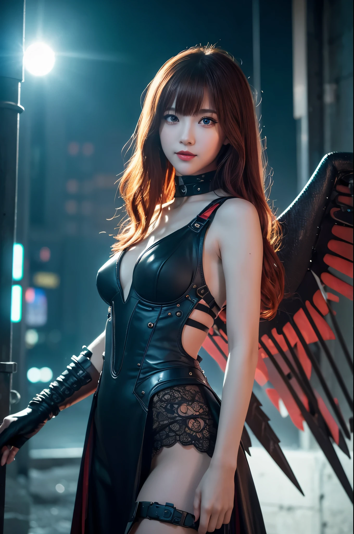 8K,月Flying in the night白い翼の天使達,Super Beauty(Like the real thing),天使の白いLong dress,Beautiful smile,Highly detailed illustration, Ultra-high resolution, masterpiece, highest quality, Perfect glowing skin, Perfect lighting, Detailed lighting, Dramatic Shadows, Ray Tracing, Looking at the audience, Small breasts, Beautifully detailed hazel eyes, Sharp Face, Clear Eyes, Red lips, Long bangs, Short Curly Hair, Red hair, ((Cyberpunk Dark City)), Upper Body, Combat Uniform, Military Harness,masterpiece,highest qualityのフォトリアリスティックなRAW写真。Bright colors,Rich colors, Backlight, Cinema Lighting, Film Grain, to be born, 50mm lens, Nikon D850,Detailed character art,Fantasy art,Ultra-high resolution,Ultra-Realistic Skin,Perfect hand shape,Big white wings,Blonde,Blue Eyes,Long dress,Flying in the night,Flying in the night sky,