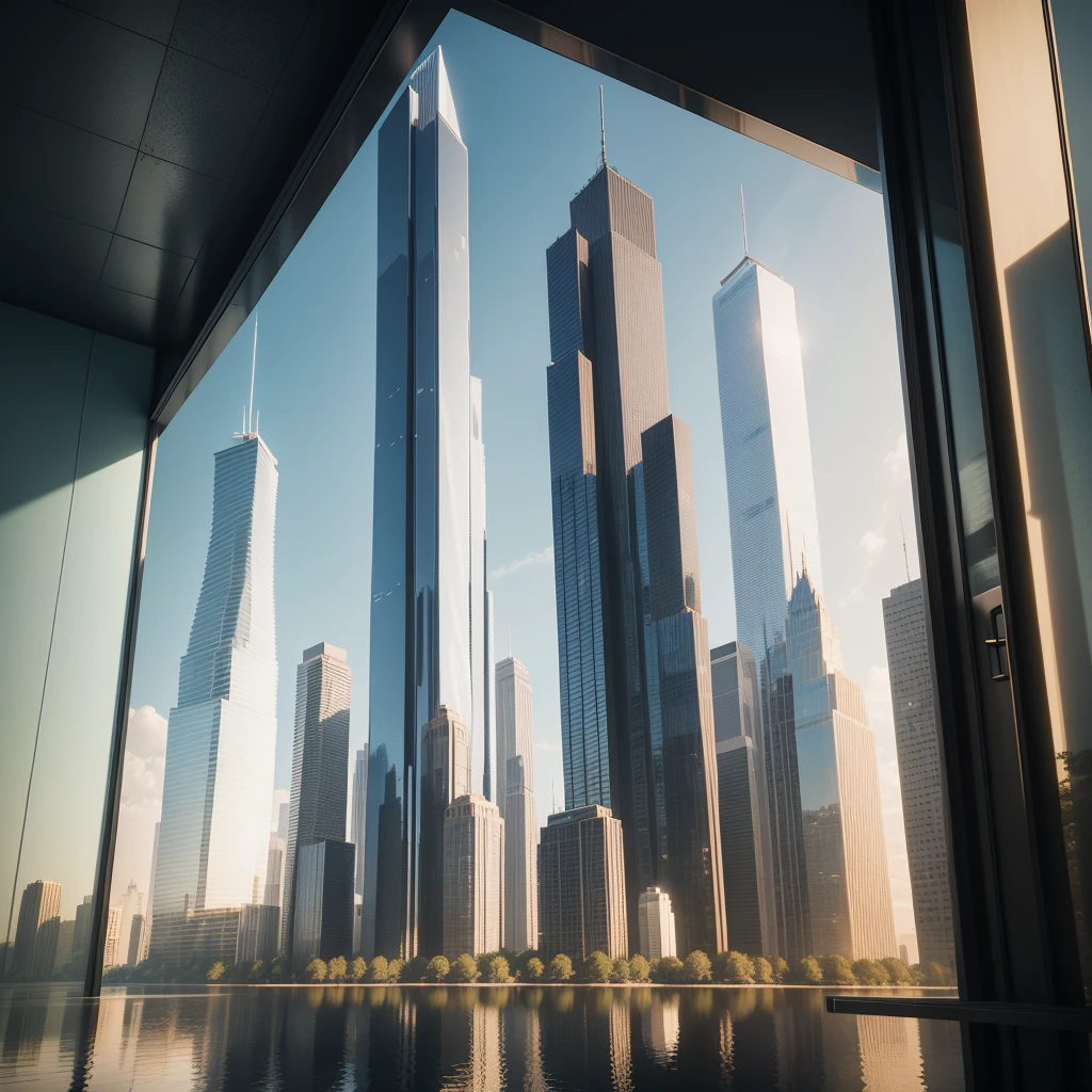 A striking, 3D model of a towering 100-story skyscraper, its sleek glass and steel facade reflecting a breathtaking landscape of serene lakes, verdant forests, and sun-kissed hills. The harmony between nature and architecture stands testament to an urban utopia, offering a spectacular vista for its inhabitants.