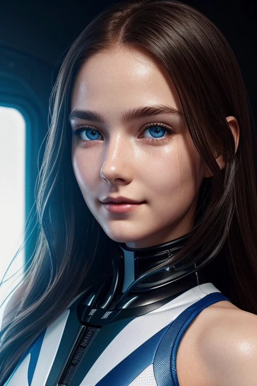  robo girl, beautiful big striking blue eyes, delicate black eyebrows, rosy cheeks, red lips, smiling face very white skin, long wavy orange hair cascading around her face and shoulders, detailed eyelashes, photorealistic cyberpunk style, perfectly focused, creamy smooth complexion, beautifully lit by soft diffused studio lights, extremely fine details, finely textured skin and hair full head to toe photo, wearing sport leggings, cyberpunk, 🤖 