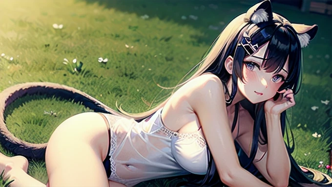 (masterpiece), highest quality, Expressive eyes, Perfect Face, Blushing, Almighty Panther Queen Goddess, Hair bangs, heart shaped hair clip, Giant Milky , Sexy open camisole, Spread your wings, Deep valley, Place your hands between your legs, Fluffy tail, Amazing details, masterpiece, Wallpaper Art, (shine, God's Rays, Mysterious, dream-like, sky, Otherworldly, dream-like, Breathtakingly beautiful, Fascinating, Sacred),