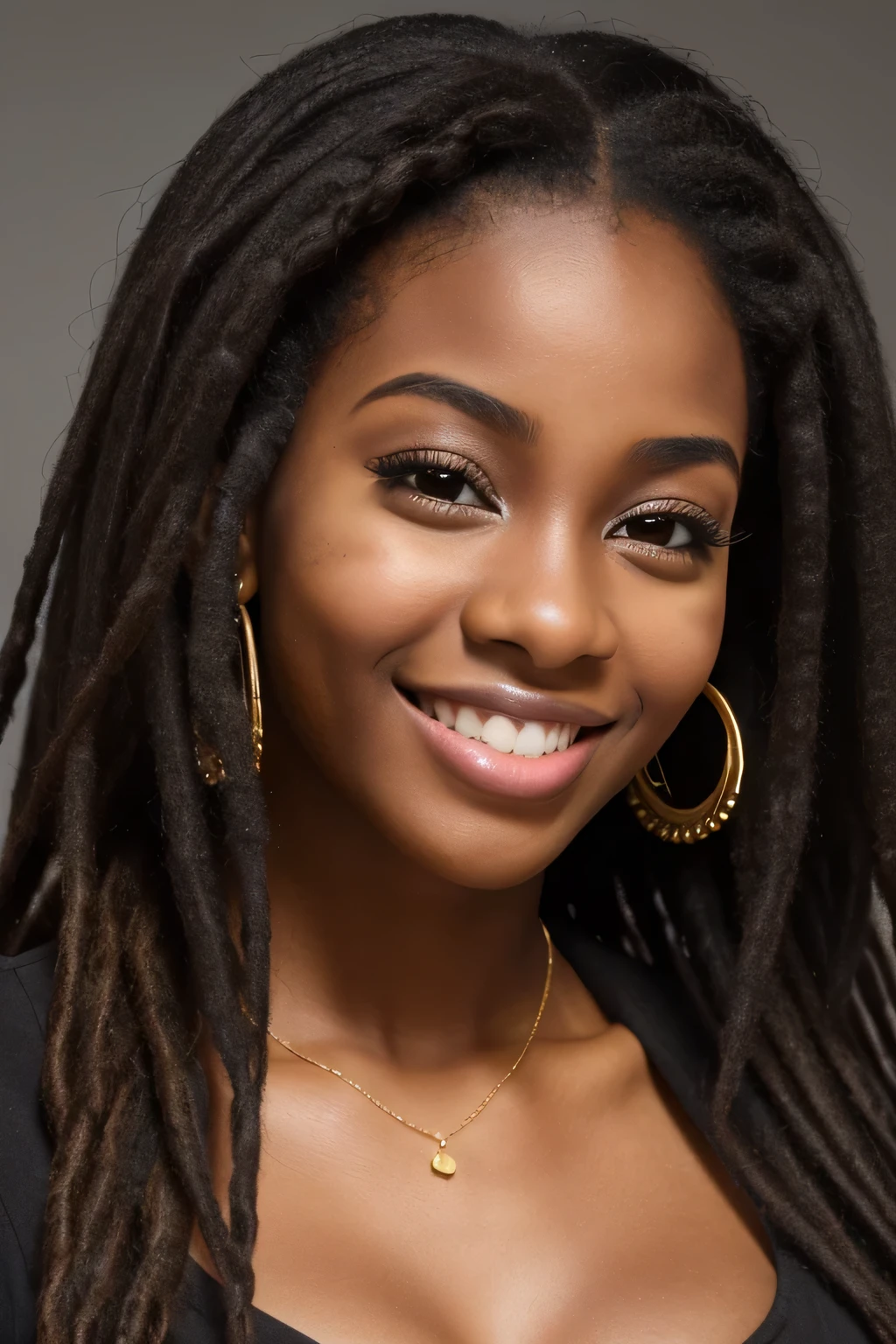 20A beautiful young woman、 (African woman, Black Hair、 An athletic body, Average breast size, Brown eyes, Skin beauty: 1.3), Dreadlocks、Ear piercing、blouse、smile, Beautiful teeth alignment、Intricate details, Very detailed:1.2), 、 Looking at the camera,
