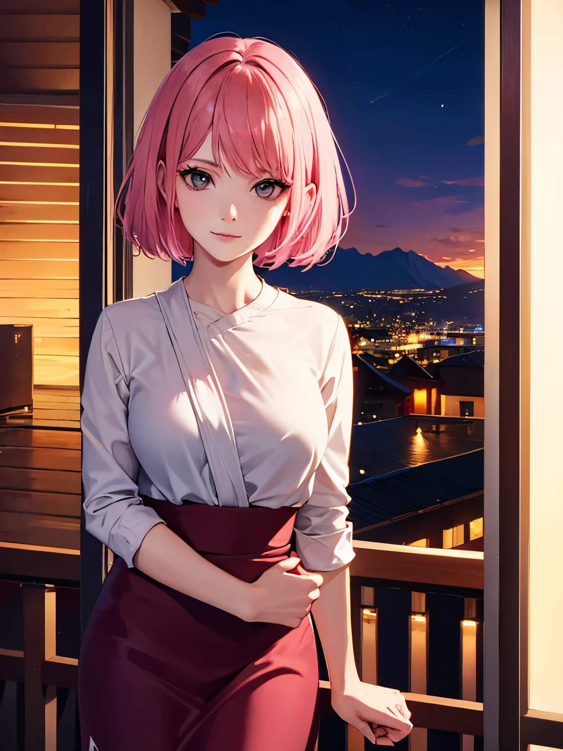 1 woman,Pink hair,short hair,slight smile,Standing on the balcony ,night, gray eyes, ultra detail,close up photo,Mountain View