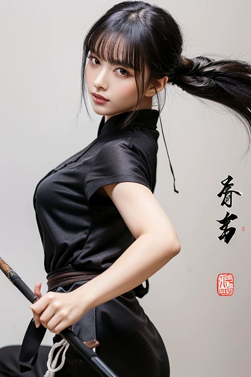 (best quality,highres,masterpiece:1.2),ultra-detailed,full body shot,beautiful detailed eyes,beautiful detailed lips,extremely detailed eyes and face,longeyelashes,sexy woman practicing Kung Fu,artwork made with traditional Chinese ink painting,graceful movements,flowing black hair,energetic and fierce expression,fit and muscular body,flexible martial arts poses,dynamic dark lighting,blending of traditional and modern elements,subtle color palette,ink wash painting style,brush strokes depicting power and elegance.