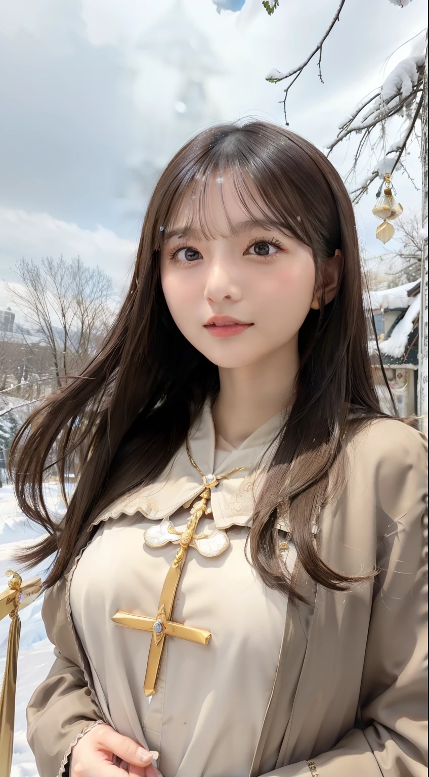 perfect figure beautiful girl:1.4, ars old, cleavage, huge breast Layered Hair Style, (Cleric:1.5), Jewelry Decoration, Highly Detailed Face and Skin Textur, double-edged eyelid, Whiten the skin, long hair, (background snow plains), diamond dust,