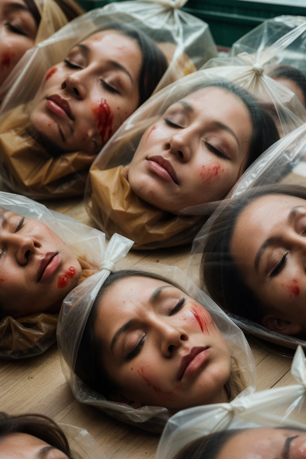 Several decapitated heads of beautiful women in transparent plastic bags, on a table, in a public market, full of blood, blood flowing, ((eyes closed)), bleeding, photorealistic, 4K, Nikon, horror, public market, beautiful asian face