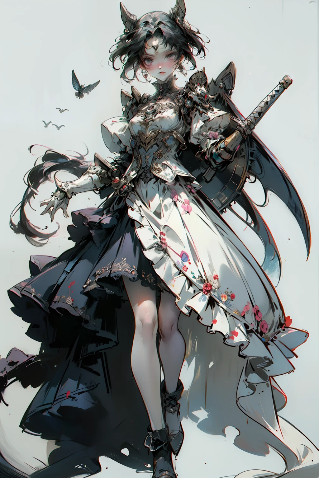 ((best quality)), ((masterpiece)), (detailed), blank white background, plain background, white background, Bloodborne inspired, occult aesthetic, occult, detailed and intricate steampunk and detailed gothic, NSFW, Very dramatic and cinematic lighting, cosmic horror, grim-dark, side-lighting, perfect face, a beaituful goddess adorned and enshrined in armour, Bloodborne inspired , occult aesthetic , occult , detailed and intricate steampunk and detailed gothic , wielding a sword and holding a shield, NSFW, Fluttering lace flared long knee length dress with frilly petticoats, knee length dress, pleated petticoats, ta dress, petticoats gothic loliside-lighting, gothic lolita aetic, beautiful small breasts, small breasts, full body, whole body, body, plain background, white background, blank background, no background, white background NSFW, full body, whole body, head-to-toe