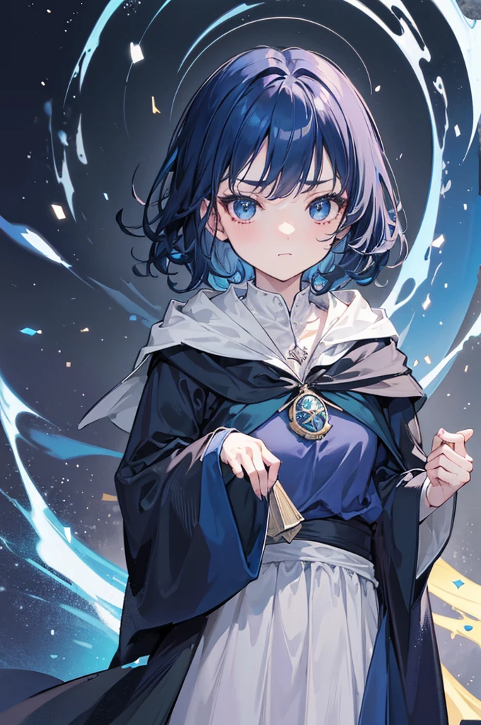 flatcolor,Apprentice Wizard Girl,A girl attending Hogwarts School of Witchcraft and Wizardry,Ravenclaw House Robes,BREAK,(tween,beautiful detailed face,(darkblue hair-color,wavy-short hair),parallel eyebrows,small breasts),
depth of field,portrait,The Wizarding World of Harry Potter,