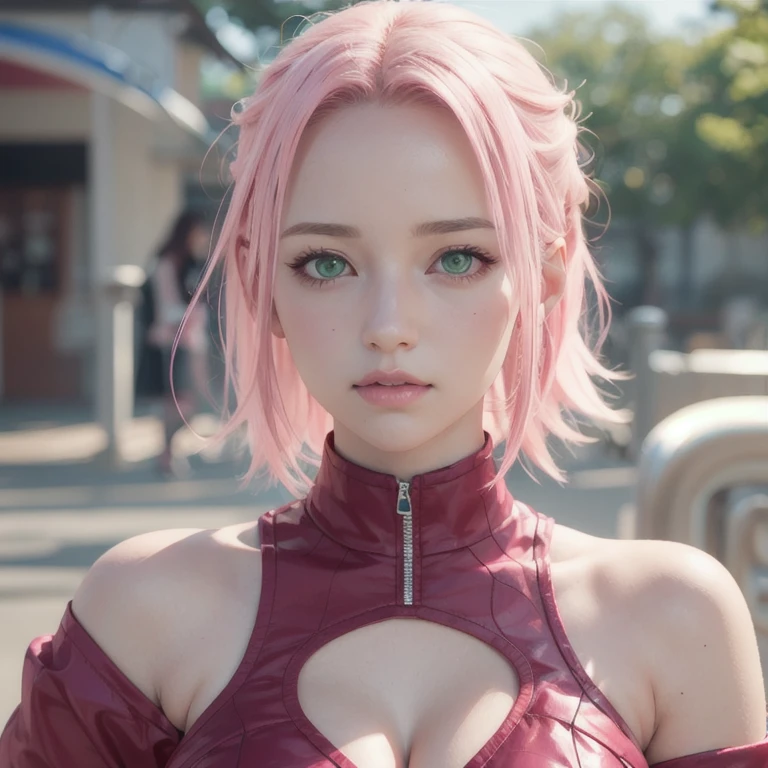  young woman, pale skin, short bubblegum pink hair, wide forehead, emerald green eyes, buttoned nose, peach lips, heart-shaped face, slender, red clothes, Sakura Haruno, 3d, realism, angelic face, maya in net
