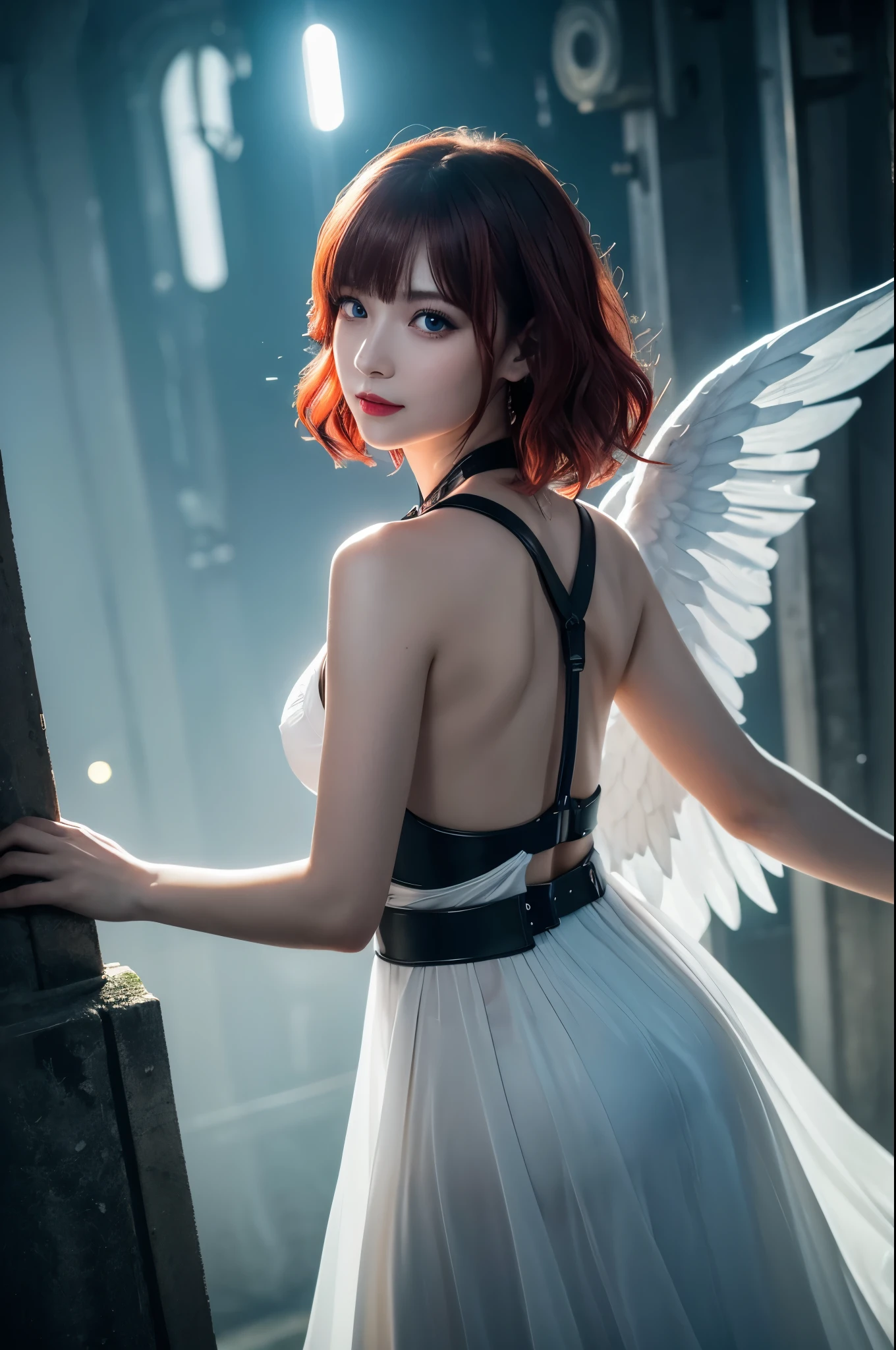 8K,White-winged angels flying in the moonlit night,Super Beauty(Like the real thing),天使の白いLong dress,Beautiful smile,Highly detailed illustration, Ultra-high resolution, masterpiece, highest quality, Perfect glowing skin, Perfect lighting, Detailed lighting, Dramatic Shadows, Ray Tracing,  Looking at the audience, Small breasts, Beautifully detailed hazel eyes, Sharp Face, Clear Eyes, Red lips, Long bangs, Short Curly Hair, Red hair, ((Cyberpunk Dark City)), Upper Body, Combat Uniform, Military Harness,masterpiece,highest qualityのフォトリアリスティックなRAW写真。Bright colors,Rich colors, Backlight, Cinema Lighting, Film Grain, to be born, 50mm lens, Nikon D850,Detailed character art,Fantasy art,Ultra-high resolution,Ultra-Realistic Skin,Perfect hand shape,Big white wings,Blonde,Blue Eyes,Long dress,Flying through the sky at night,