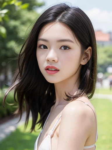 Japanese female 1 person, 15 years old, Realistic, Exquisite face, alone, Pink micro bikini.  (White skin: 1.8, ), The look of temptation, Warm lighting: Sunny day, (RAW Photos:1.2), (Realistic), Full body shot, background:Inside the old castle,  (Hair Color:black, long hair, )