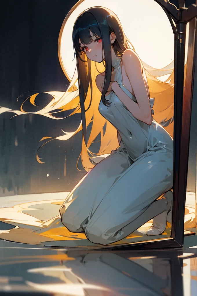 瓶詰めの少female、Being in a jar、Looking Outside、Glass、sit、1 person、female、adult、Large、whole body、loose dress、Open the chest、Perfect body shape、Rich body、Bare Skin、sex appeal、Transparency、reflected light、beautiful、ephemeral、Glowing Eyes、longing、dream、Dim light、Blur、Watercolor tones、mystery、vivid、Low Contrast