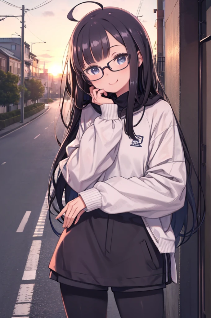 highest quality,masterpiece,4K, 1 girl,Leaning against the wall,(Jersey),Long sleeve,Sportswear,Shorts,[pantyhose],Ahoge,Black Hair,smile,Long Hair, amount,Glasses, sunrise, winter, Street Corner, depth