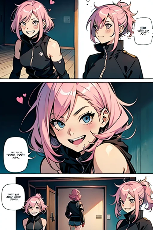 Insane girl with pink hair laughing mischievously, manga page with panels and dialogue
