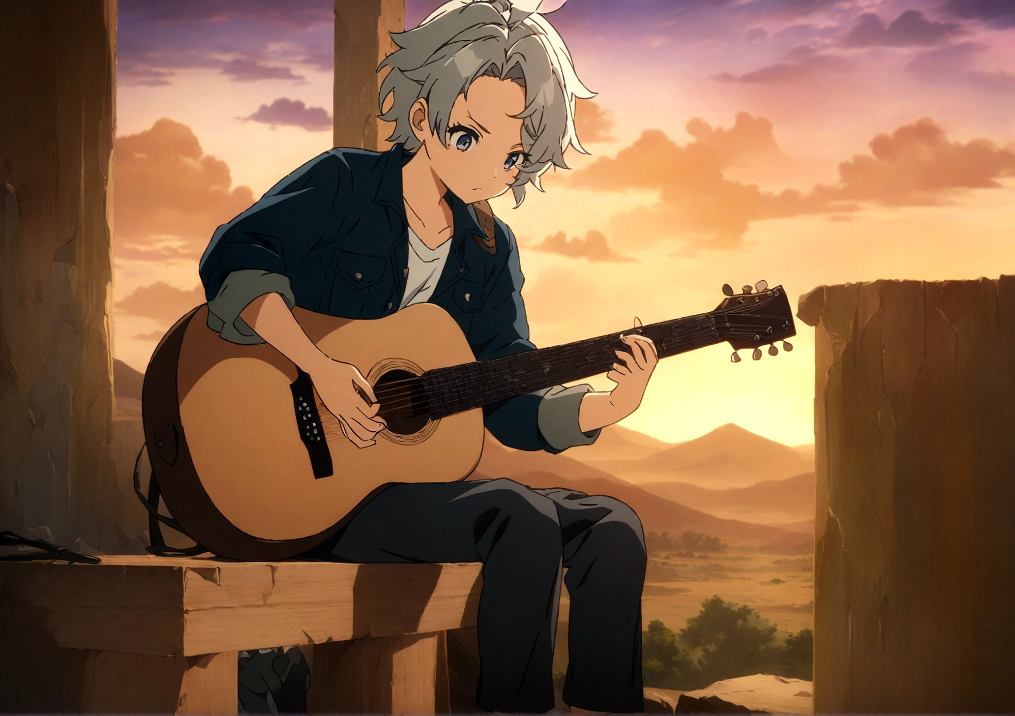 Anime boy sitting on the shelf and playing guitar at sunset, Anime Art Wallpapers 8K, anime art wallpaper 4k, anime art wallpaper 4k, 4K Anime Style, 4k anime wallpaper, 4k anime wallpaper, 4k anime wallpaper, Wallpaper Manga 4K Wallpaper, Makoto Shinkai Cirilo Rolando, Girl playing guitar,  praise