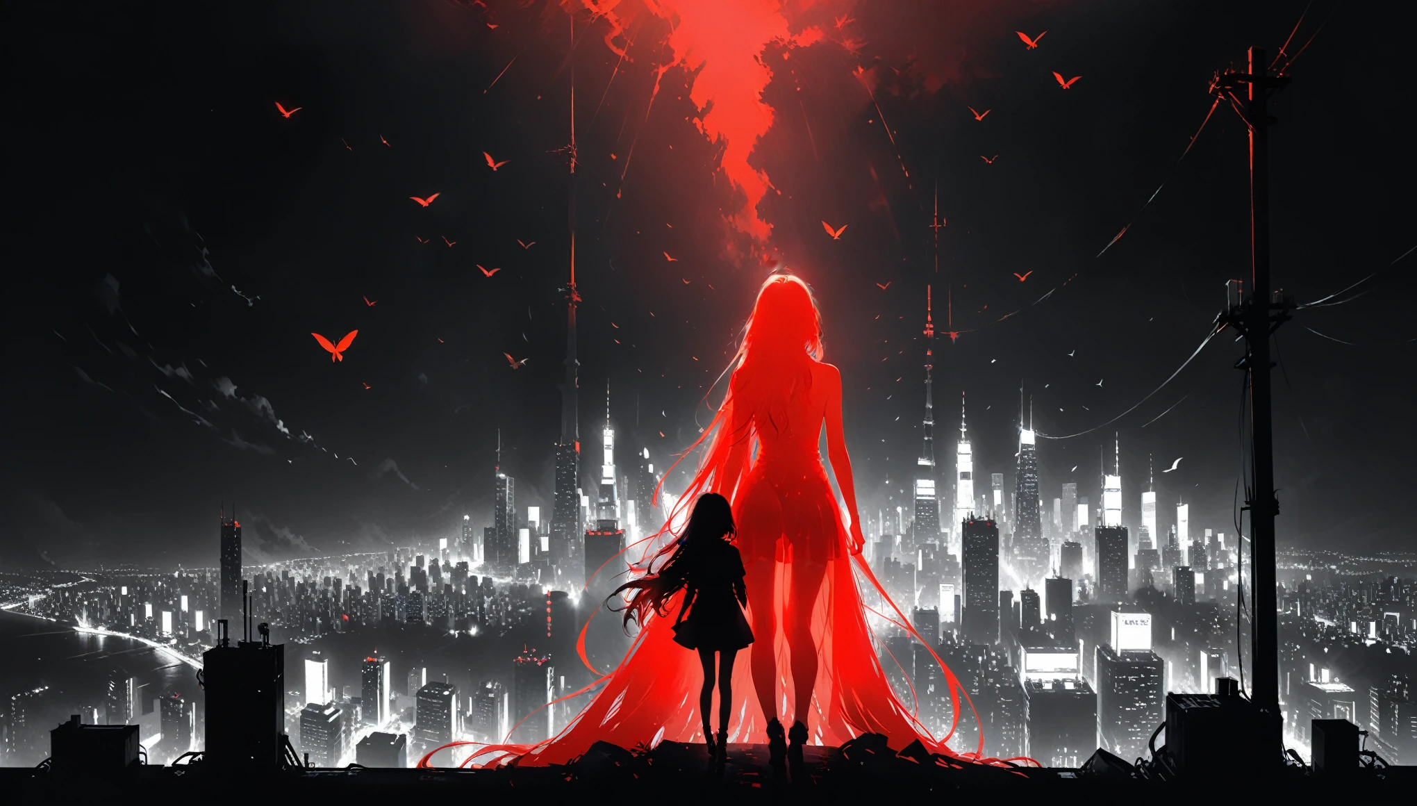 (in style of Ashley Wood:1.3),(in style of Takeshi Obata:0.9), black and white urban skyline background,protruding utility poles,(a red silhouette of a young girl:1.6),minimalist silhouette,red silhouette,black and white background,wide_shot,Silhouette of a girl standing on top of telephone pole,glowing neon color hair,(incredibly long hair fluttering in the wind:1.4)(Minimalist art style:1.4)