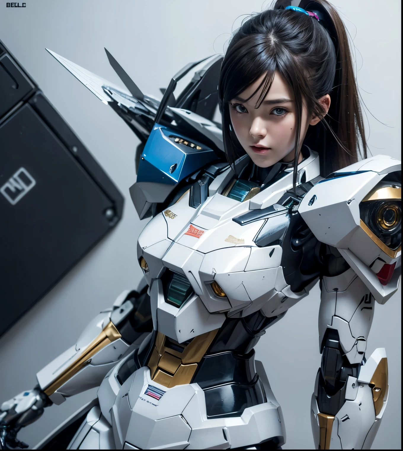 Textured skin, Super Detail, high details, High quality, Best Quality, hight resolution, 1080p, hard disk, Beautiful,(Gundam),beautiful cyborg woman,Mecha Cyborg Girl,Battle Mode,Girl with a Mecha Body,She wears a futuristic Gundam mecha,Fulll body Shot