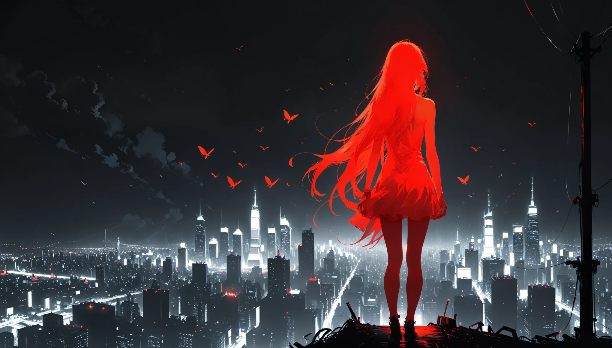 (in style of Ashley Wood:1.3),(in style of Takeshi Obata:0.9), black and white urban skyline background,protruding utility poles,(a red silhouette of a young girl:1.6),minimalist silhouette,red silhouette,black and white background,wide_shot,Silhouette of a girl standing on top of telephone pole,glowing neon color hair,(incredibly long hair fluttering in the wind:1.4)(Minimalist art style:1.4)